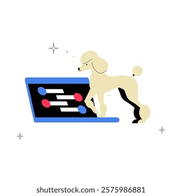 Poodle Using A Laptop In Flat Vector Illustration Symbolizing Technology, Innovation, And Animal Intelligence, Isolated On White Background