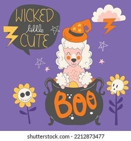 Poodle in wizard Halloween costume illustration. Cute spooky poodle dog cartoon design element. Wicked little childish fun design concept. Happy Halloween holiday card template. Perfect for kids, pets