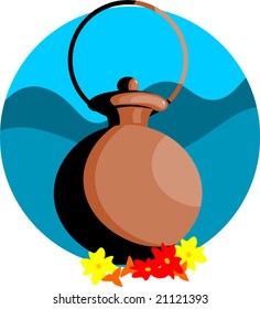  pooja pot and flowers in blue background	