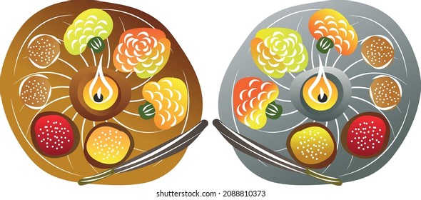 Pooja Thali, ilustración vectorial puja. Decoración religiosa hindú para celebrar y venerar. Placa de latón aislada con flor de caléndula, vela, polvo de cúrcuma y palitos de incienso.