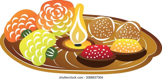 Pooja Thali, puja vector illustration. Hindu religious diwali decoration for celebrate and worship. Isolated brass plate with marigold flower, candle, turmeric powder