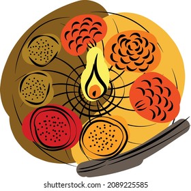 Pooja Thali, puja vector illustration. Hindu religious diwali decoration for celebrate and worship. Isolated brass plate with marigold flower, candle, turmeric powder