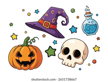 pooky Halloween Delights Witch Hat, Jack-o'-Lantern, Skull. Vector Illustration