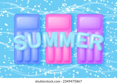 Pool with 3d objects, top view. Color air mattresses and 3D text SUMMER. Vector illustration