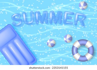 Pool with 3d objects, top view. Beach balls, lifebuoy, air mattress and 3D text SUMMER. Vector illustration