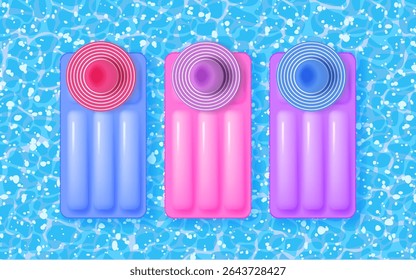 Pool with 3d objects, top view. Color air mattresses and beach hats. Vector illustration