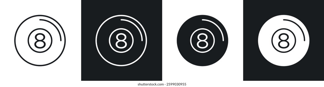 Pool 8 ball icons in flat and linear vector illustration on white background.