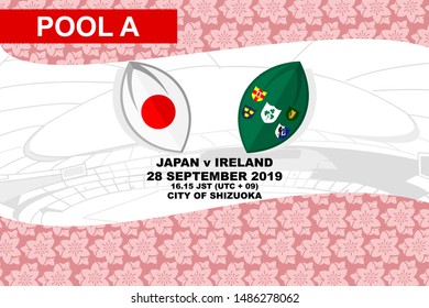 Pool A, Japan vs Ireland, Rugby match 2019, sakura pattern and stadium background Vector illustration.