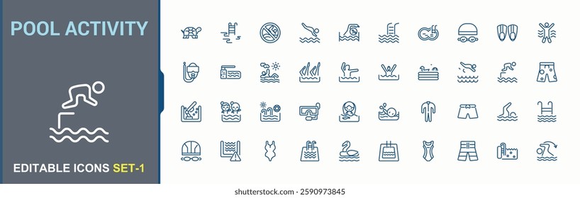 Pool activity modern icons set. Icons float, wave, exercise, person, athlete, holiday, goggles, water. Thin linear style icons. Minimalist vector collections.