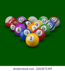 Pool or American billiards balls with numbers on the green table, ready to game. Snooker color balls arranged in a triangle. Vector 3d realistic illustration