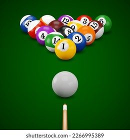 Pool or American billiards balls with numbers on the green table, ready to game. Snooker color balls arranged in a triangle, with zero ball and cue, front view. Vector 3d realistic illustration