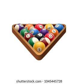 Pool Or American Billiards Balls In Triangle. Vector Isolated Icon Of Snooker Color Balls With Numbers In Wooden Rack For Poolroom Sport Game Symbol Or Or Championship Tournament Design Template