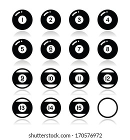 Pool ball, billiard or snooker ball icons set