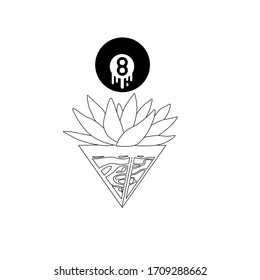 pool ball number8 on top of pyramid shape glass pot with water and stone plant in minimal vector line designs for tattoo 