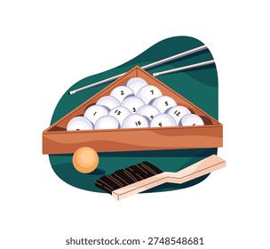 Pool balls, clues and rack. Professional snooker tools for sports competitions, games. Different equipment and accessories to play billiards. Flat isolated vector illustration on white background
