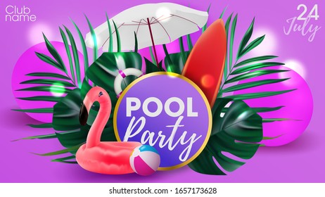 Pool balls colorful summer attributes. Hawaiian background poster with beach summers attributes. Tropical vector.