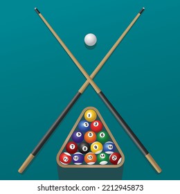 Pool balls in a rack with crossed cues placement, vector illustration isolated