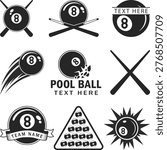 Pool Balls Set 1-15, Billiard 8 ball logo set. 6 billiard emblems with cue, Billiard balls on white background, pool balls, snooker balls Silhouette, Vector Illustration