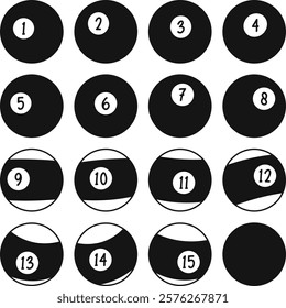 Pool Balls Set 1-15, Billiard balls on white background, pool balls, snooker balls Silhouette