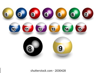 Pool balls_Complete set over white background and with light coming from the upper right