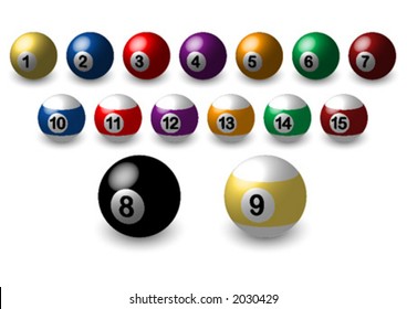 Pool balls_Complete set over white background and with light coming from the upper left