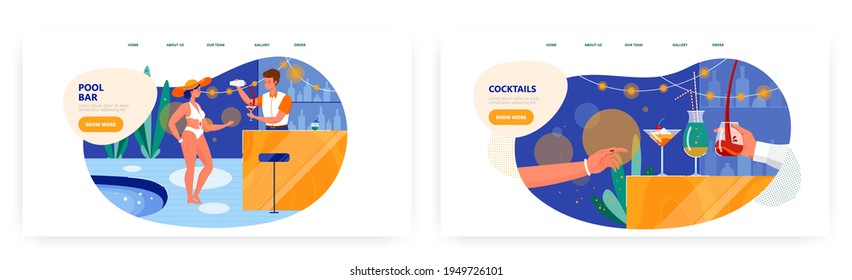 Pool bar landing page design, website banner vector template set. Pool party. Summer beach vacation.