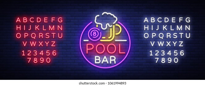 Pool bar logo in neon style. Neon sign design template for Billiard bar, club, beer and billiard light banner, night neon advertisement, design element. Vector illustration. Editing text neon sign