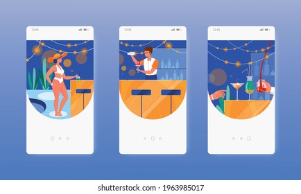 Pool bar. Summer beach vacation. Pool party. Mobile app screens, vector website banner template. UI, web site design.