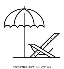 Pool beach lounger with sun umbrella, parasol sketch icon