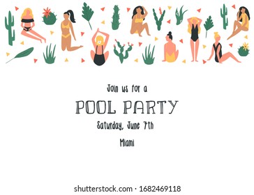 Piscina, plantilla de invitación a la fiesta en la playa, tarjeta con bellas chicas en bañador. Cartel de vector colorido