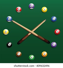 Pool billiard balls clock. Three-dimensional vector illustration on green gradient background.