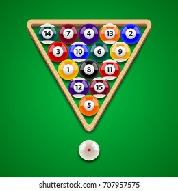Pool billiard balls on green table photo-realistic vector illustration