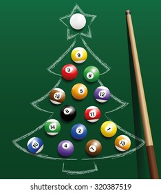 Pool billiard balls representing Christmas balls on a chalk drawing. Three-dimensional isolated vector illustration on green gradient background.