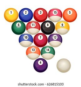 Pool billiard balls in starting position vector illustration isolated on white. Snooker game concept, triangle pyramid of round gambling objects