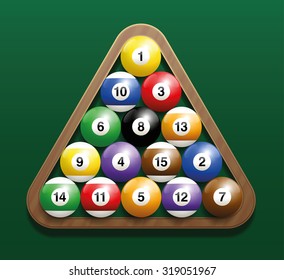Pool billiard balls in a wooden rack - commonly used starting position. Three-dimensional isolated vector illustration on green gradient background.