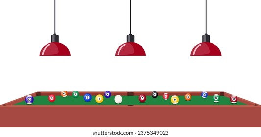 Pool Billiard table and furniture set with cue multi colored balls lamp vector illustration