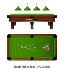 Pool Billiard table and furniture set with cue multi colored balls lamp vector illustration 