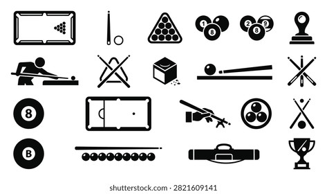 pool billiards icon set for game sport recreation and entertainment on transparent background