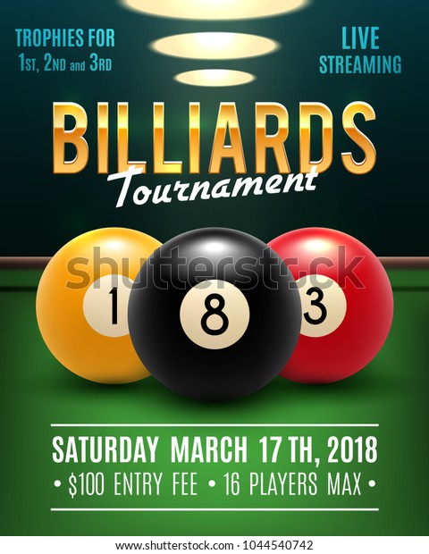 Pool billiards\
tournament announcement poster template of color balls and snooker\
cues on green table. Vector design for billiards team championship\
for carom sport game\
players