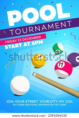 Pool billiards tournament invitation poster template. Modern design for your local club game competition.