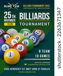Pool billiards tournament poster with 3d realistic billiards balls. Competition game advertising. Sport event announcement. Place your text and emblems. Vector illustration