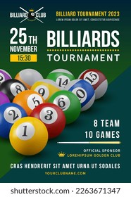 Pool billiards tournament poster with 3d realistic billiards balls. Competition game advertising. Sport event announcement. Place your text and emblems. Vector illustration