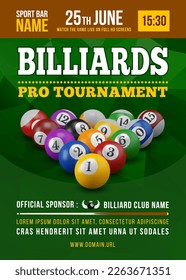 Pool billiards tournament poster with 3d realistic billiards balls. Competition game advertising. Sport event announcement. Place your text and emblems. Vector illustration