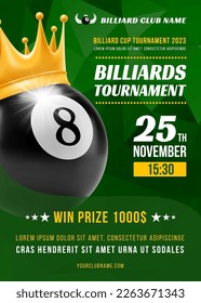 Pool billiards tournament poster with black 3d realistic billiards ball with number eight and golden crown. Sport competition announcement. Place your text and emblems. Vector illustration