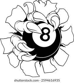 A pool black eight ball claw sports illustration of an eagle or animal monster hand holding ball