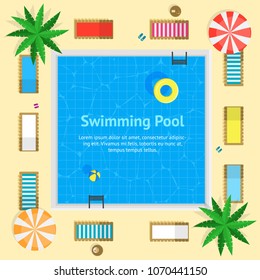 Pool with Blue Water Summer Vacation Concept Card Poster Top View Include of Sunbed, People, Parasols and Palms. Vector illustration of Basin