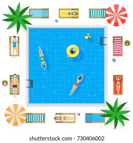 Pool with Blue Water Summer Vacation Concept Top View Include of Sunbed, People, Parasols and Palms. Vector illustration of Basin