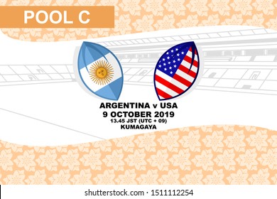 Pool C, Argentina vs USA, Rugby match 2019, sakura pattern and stadium background Vector illustration.