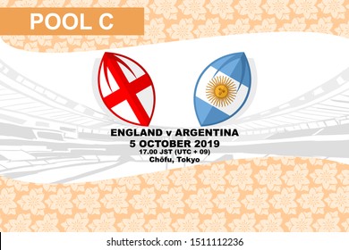 Pool C, England vs Argentina, Rugby match 2019, sakura pattern and stadium background Vector illustration.