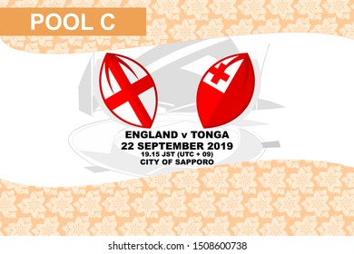 Pool C, England vs Tonga, Rugby match 2019, sakura pattern and stadium background Vector illustration.